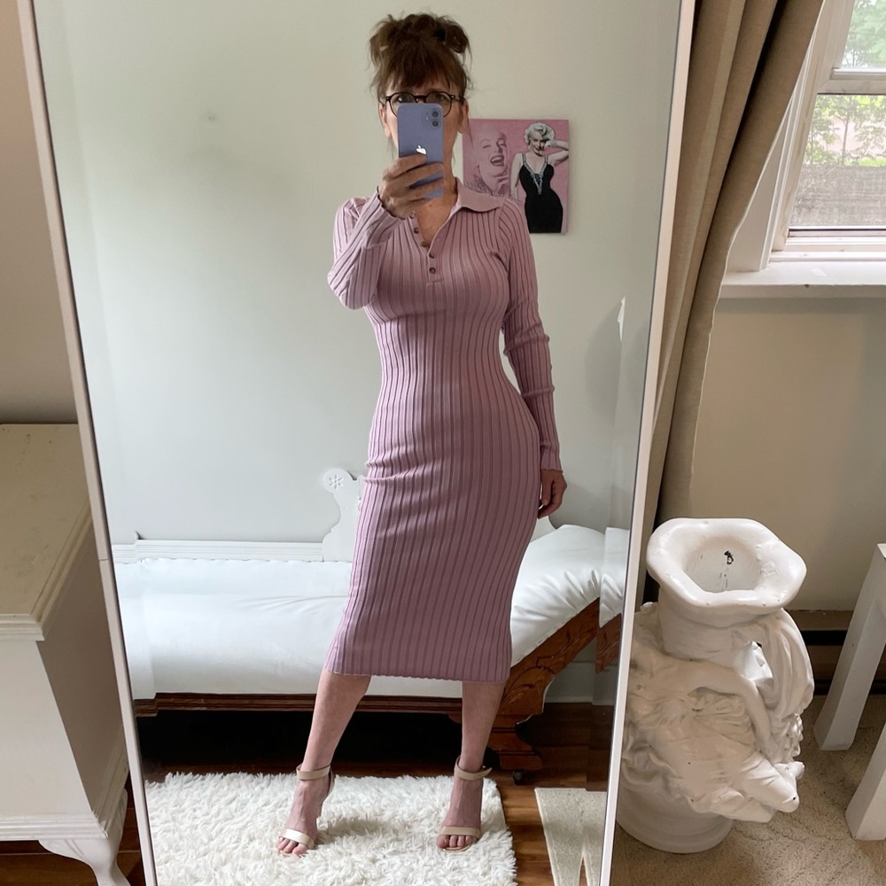 LAVENDER LONG SLEEVE RIBBED KNIT SWEATER DRESS BUTTON NECK COLLAR STRETCH MAUVE